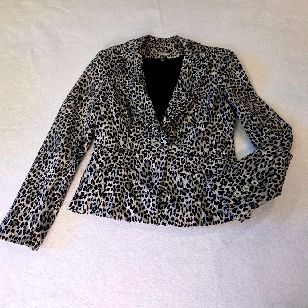 White House Black Market Leopard Print Blazer Grey Black Single Button Size 4